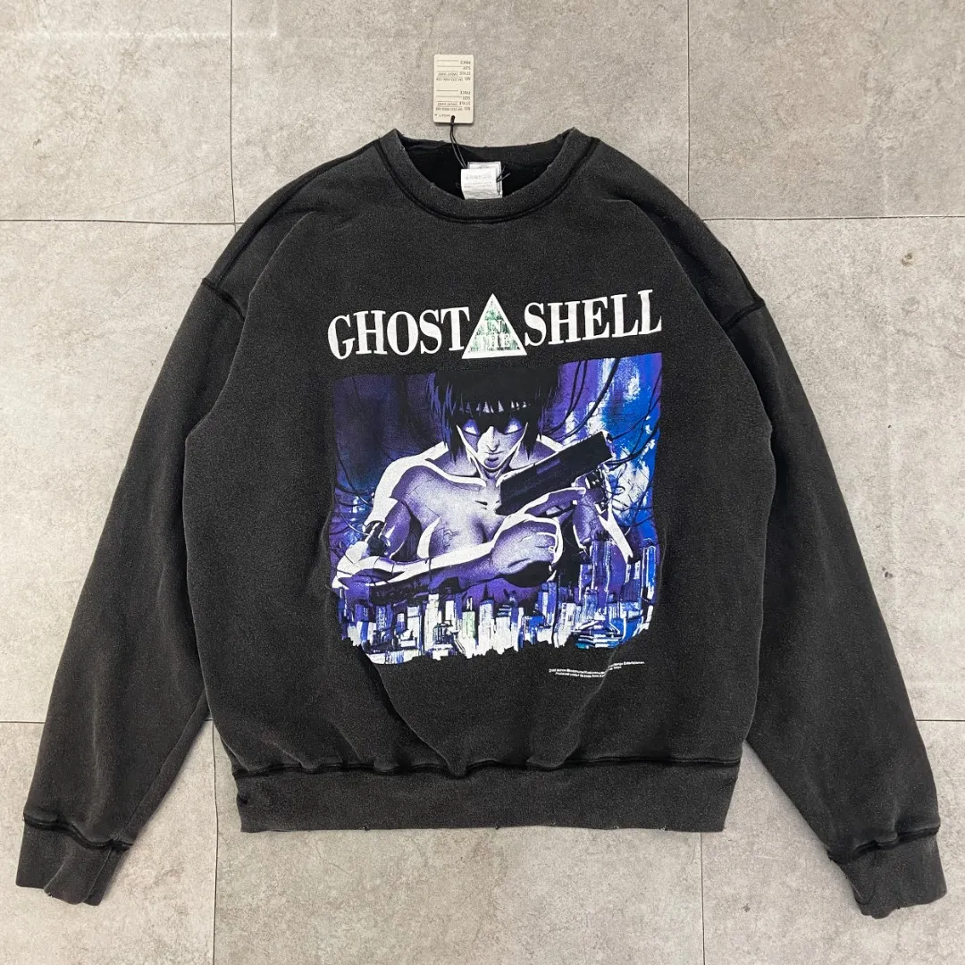 New arrival🆕SAINT MICHAEL Ghost in the Shell GITS retro washed distressed round neck plus velvet pullover long-sleeved sweatshirt Fabric: 420g Style number: SM605 Size: S-M-L-XL Color: Black Price: P198
